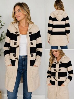 J.Crew Wool Cashmere Hooded Toggle Sweater Coat Striped Neutral Small